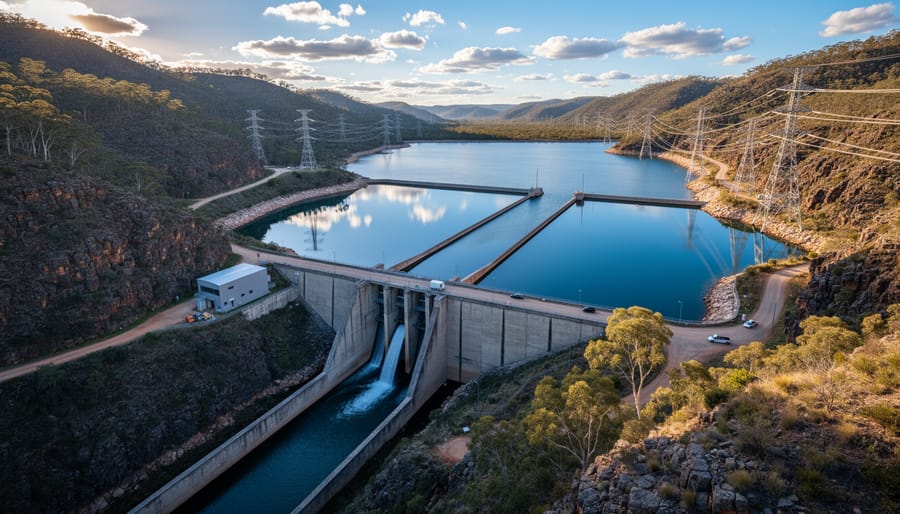 Aerial view of pumped hydro storage facility showing upper and lower water reservoirs in mountainous terrain