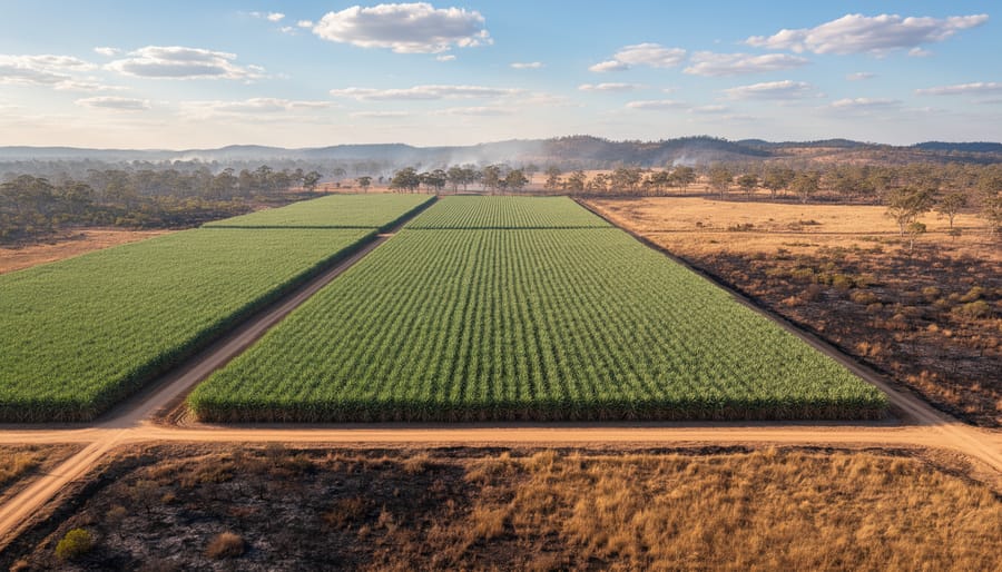 Rows of green sugarcane crops in Queensland agricultural landscape