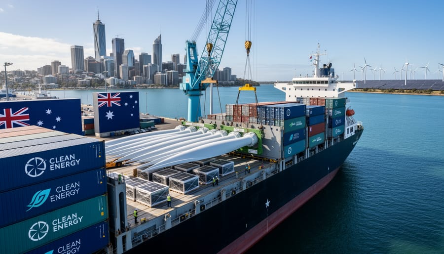Cargo ship loaded with renewable energy equipment at Australian port
