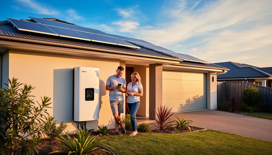 Residential home with solar panels on roof and battery storage system installed on exterior wall