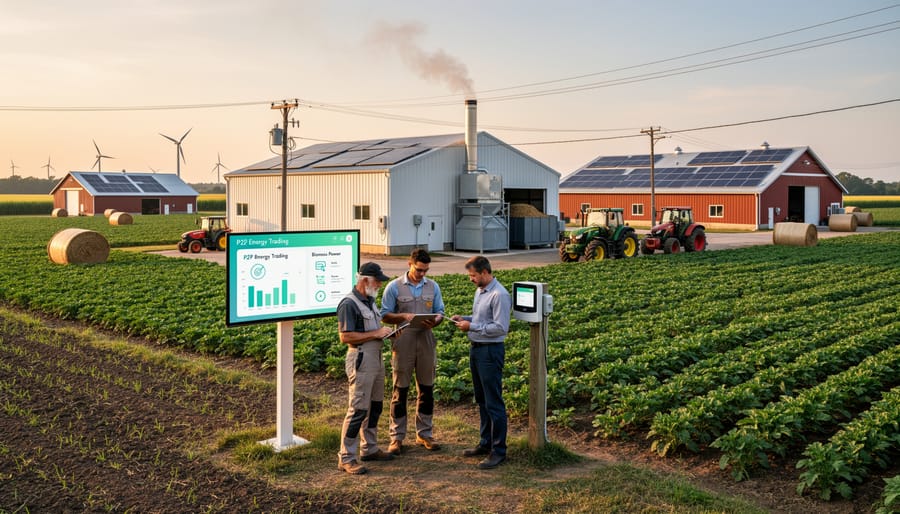 Rural agricultural landscape with renewable energy infrastructure and farming operations