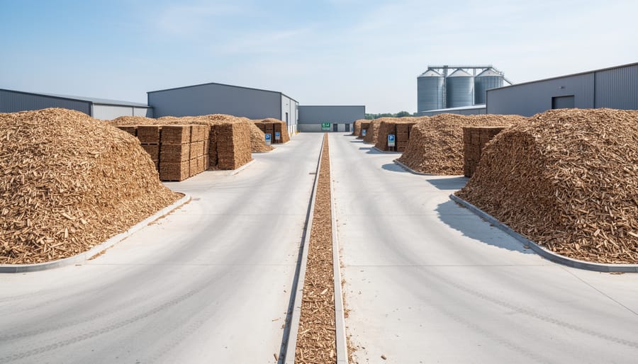Well-organized biomass storage facility with fire safety measures including gravel perimeter