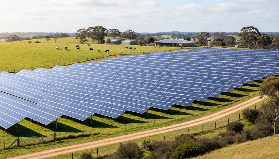 Aerial view of solar farm with rows of photovoltaic panels across rural Australian landscape