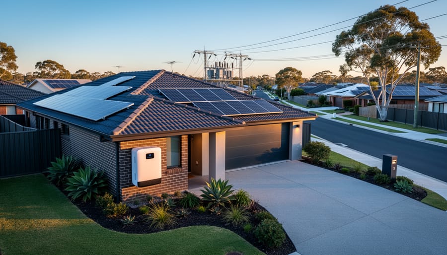 Australian suburban house with rooftop solar panels and a wall-mounted home battery at golden hour, with overhead power lines, a distant substation, neighboring solar roofs, and eucalyptus trees in the background.