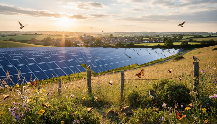 Solar panels surrounded by native grassland and wildflowers in rural setting
