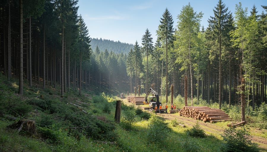 Forest management team conducting selective thinning while preserving native vegetation