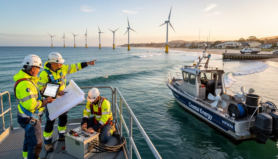 Offshore tidal turbine installation with workers on maintenance platform in Australian coastal waters