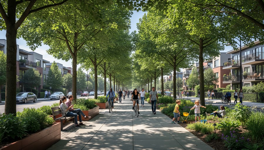 Tree-lined Australian suburban street with mature native trees creating natural canopy over footpath with residents walking