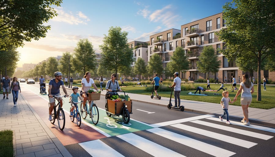 People walking and cycling on tree-lined urban pathway in healthy city environment