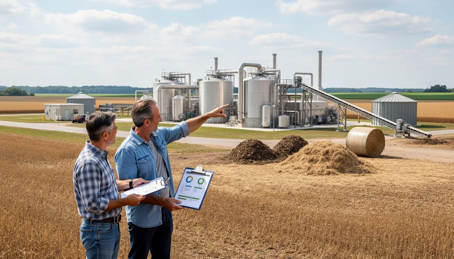 Agricultural bioenergy processing facility surrounded by farmland