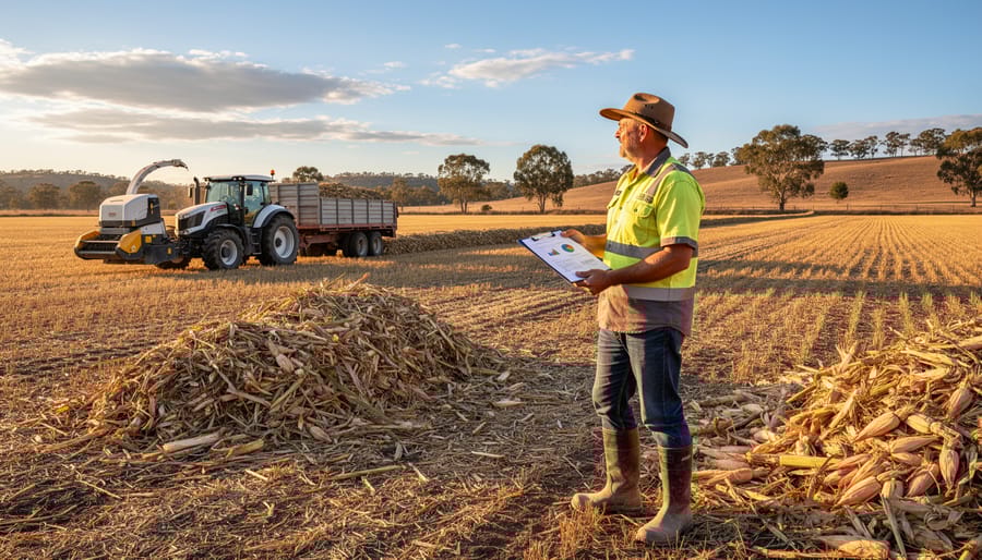 Farmer holding agricultural waste materials including crop residues and straw