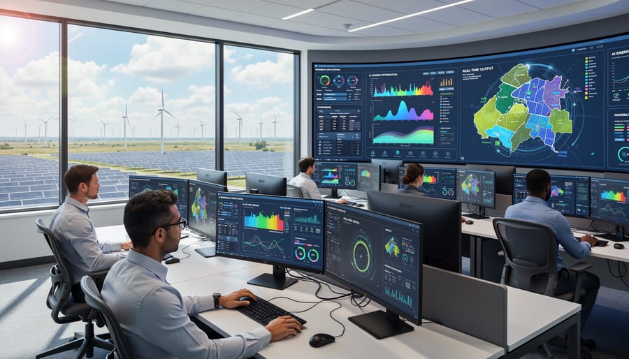 Engineer working at renewable energy monitoring station with multiple data displays