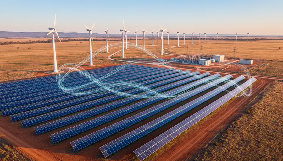 Oblique aerial view of an Australian solar farm and wind turbines at sunset, with faint network-like light trails connecting equipment and distant hills and a small substation softly receding in the background.