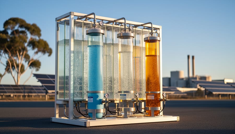 Outdoor artificial photosynthesis pilot unit with glass photoreactor panels and three collection cylinders capturing hydrogen, oxygen, and chemical outputs, illuminated by golden hour light against a subtle Australian landscape with solar arrays in the background.