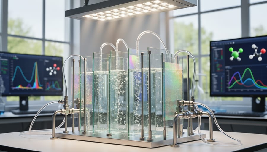 Scientific glass apparatus with water and sunlight creating light refraction effects