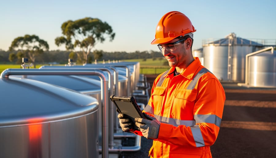 Two bioenergy professionals in orange hi-vis gear check a tablet beside stainless biogas digesters and pipes at a modern Australian facility during golden hour, with rural landscape and gum trees softly blurred behind them.