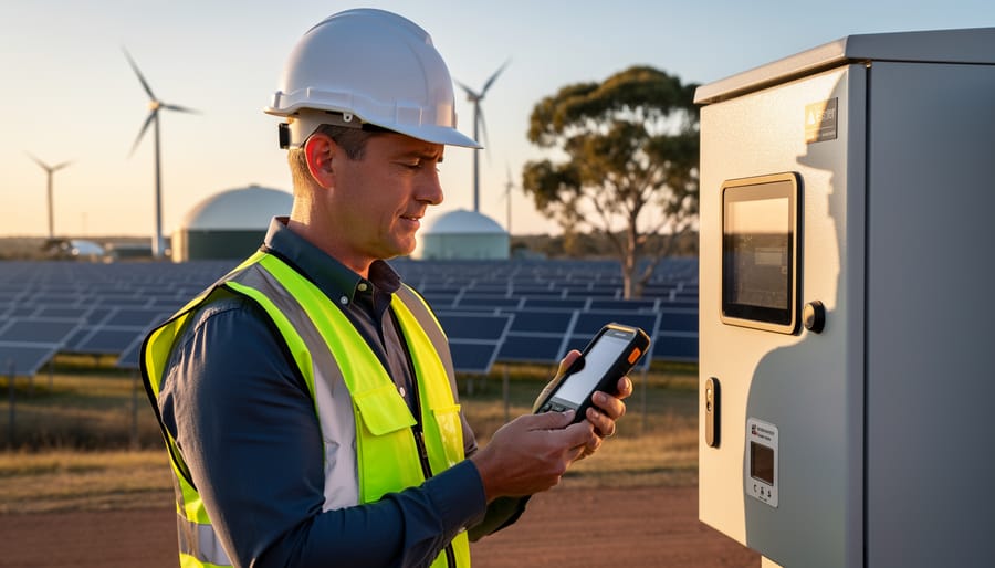 Sustainability manager in high-visibility gear examining a handheld sensor next to a meter cabinet at a renewable-powered industrial facility, with blurred solar panels, wind turbines, and domed bioenergy tanks among eucalyptus trees at golden hour.