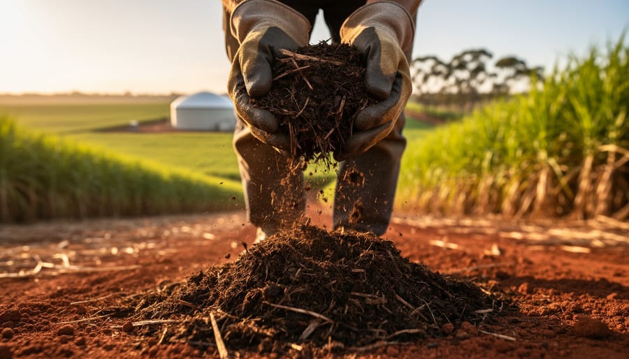 Gloved hands crumble rich compost and sugarcane mulch over red soil in an Australian cane field, with a blurred biogas digester dome, green cane rows, and eucalyptus trees in the background at golden hour.
