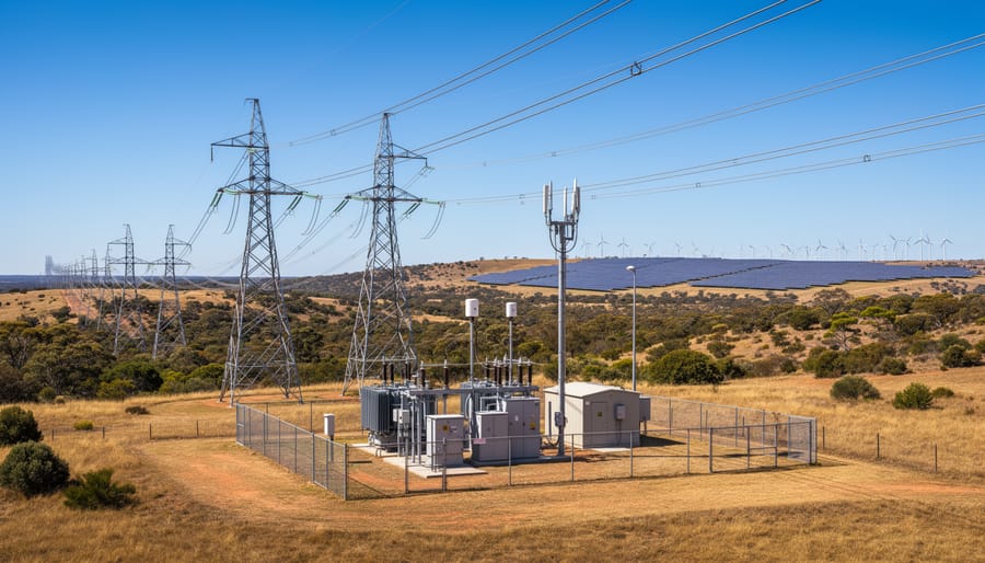 High-voltage transmission towers and power lines against sunset sky with wind turbines in background