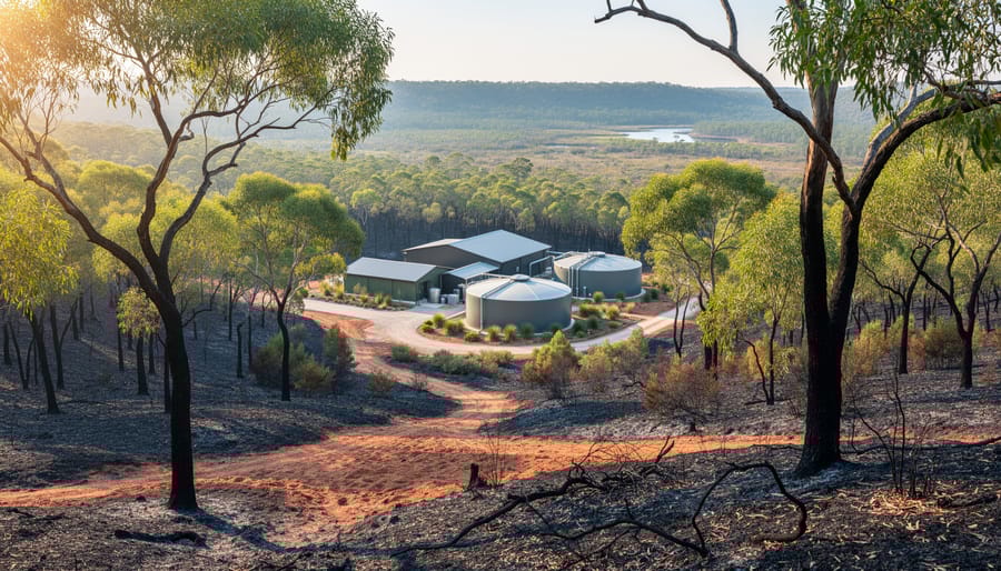 Australian eucalypt bushland with mosaic burn patterns and regenerating trees in the foreground, and a small bioenergy facility with cylindrical anaerobic digester tanks nestled among the trees under golden hour light.