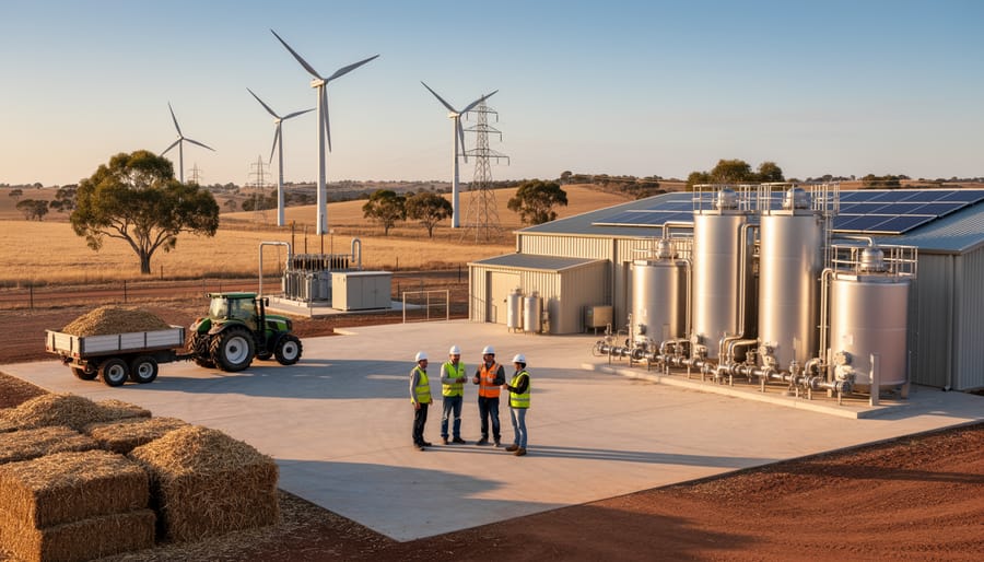 Industrial bioenergy facility with processing equipment in Australian rural landscape