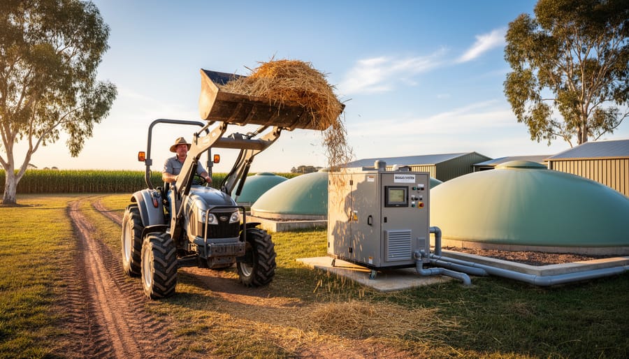 Australian farmer uses a tractor to tip wheat straw into a mobile biomass processor next to dome biogas digesters at golden hour, with gum trees and sugarcane fields in the background.