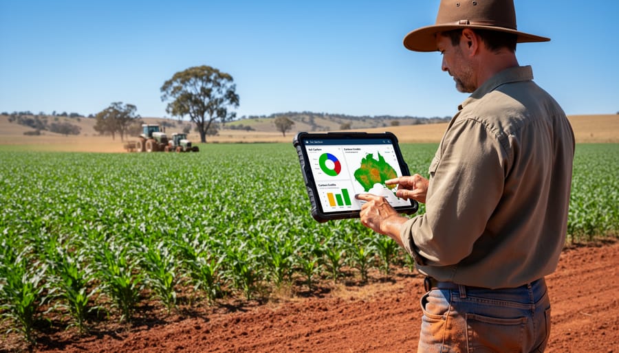 Healthy Australian farmland with monitoring equipment tracking carbon sequestration