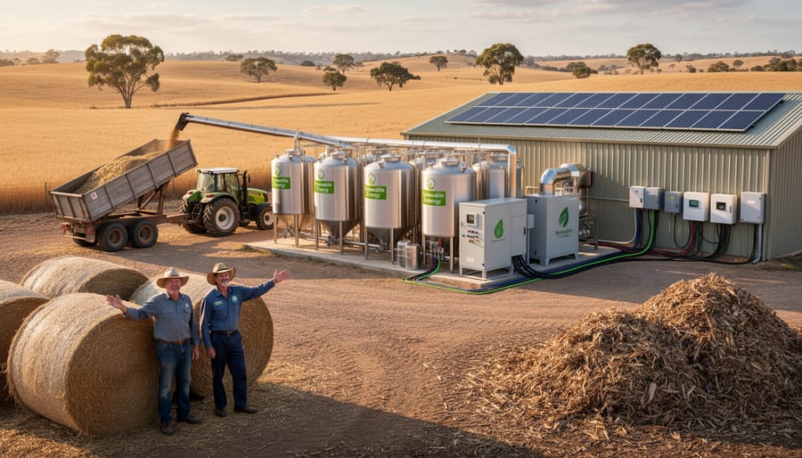 Australian farmer in crop field with sustainable energy infrastructure in background