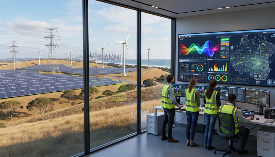 Solar panels and wind turbines in Australian landscape during golden hour