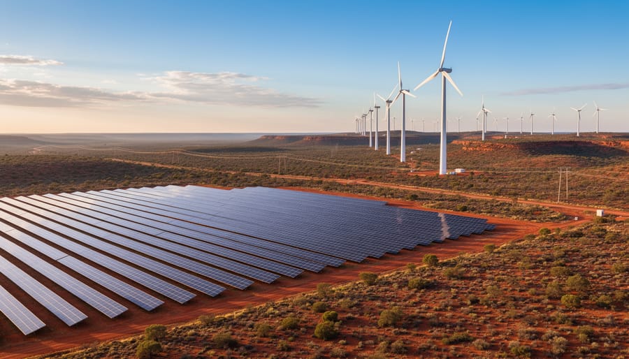 Wind turbines and solar panels in Australian landscape with dramatic sky