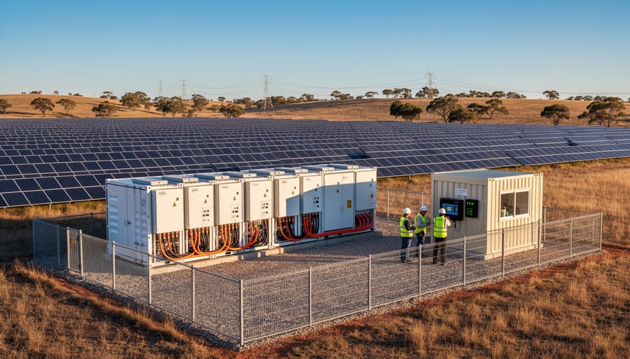 Australian solar farm with photovoltaic panels and battery storage infrastructure