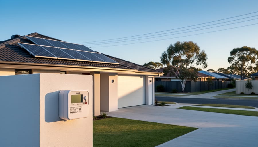 Eye-level exterior photo of an Australian suburban house with rooftop solar panels and a smart electricity meter in the foreground, warm evening light, with power lines and native trees in the background.