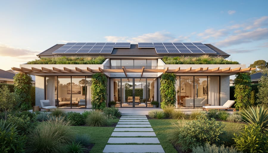 Contemporary Australian building with solar panels and green walls against blue sky