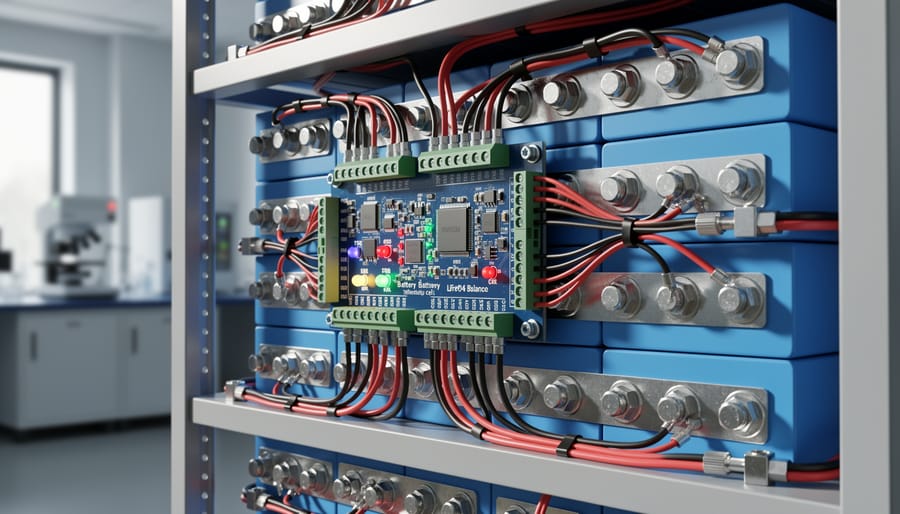 Battery management system circuit board showing electronic components and processors