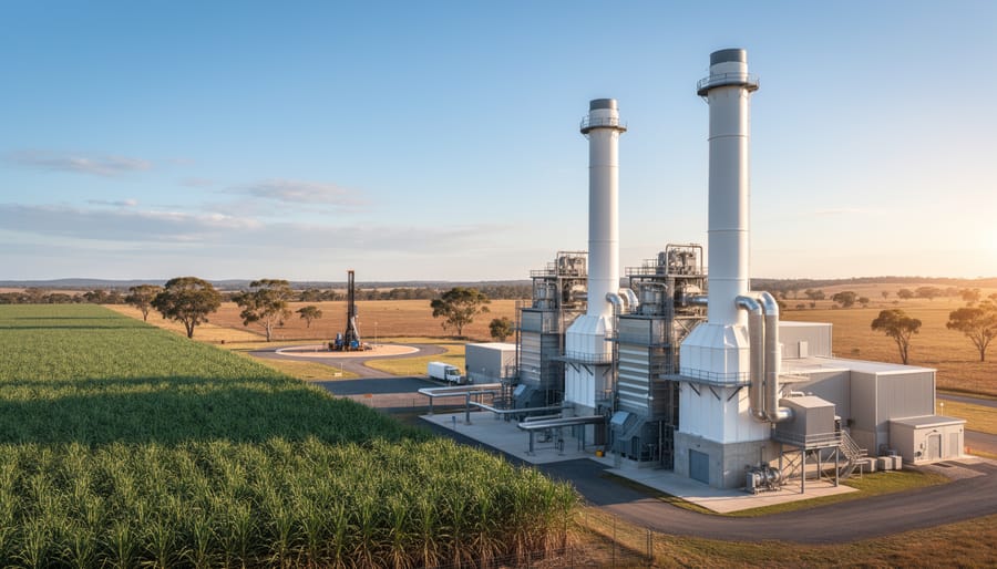 Biomass power plant with carbon capture towers and piping next to sugarcane fields in rural Australia, with gum trees and low hills in soft focus under golden-hour light.
