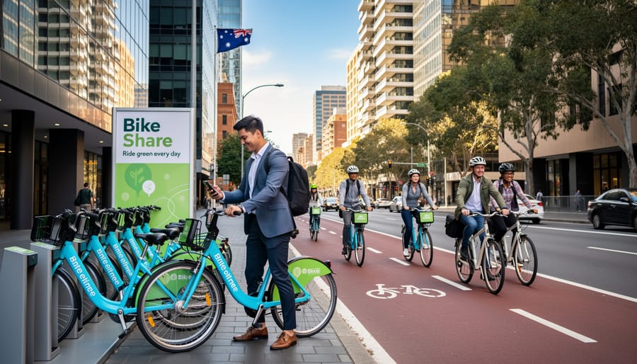 Person unlocking shared bicycle at city bike-sharing station