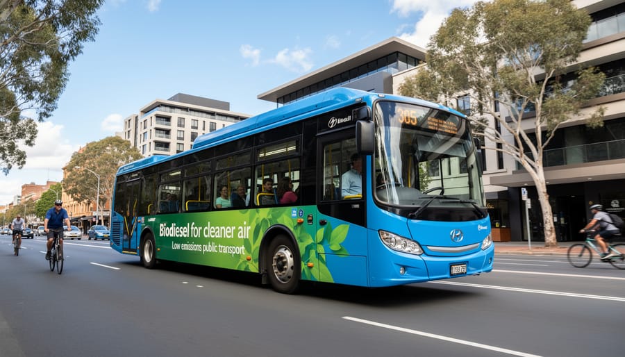 Modern biodiesel bus operating on Australian city street with clean emissions