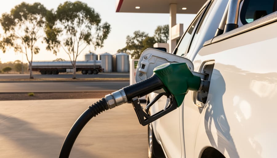 Close-up of a green diesel pump nozzle fueling a white ute at an Australian service station during golden hour, with eucalyptus trees, a road train, and storage tanks softly blurred in the background.