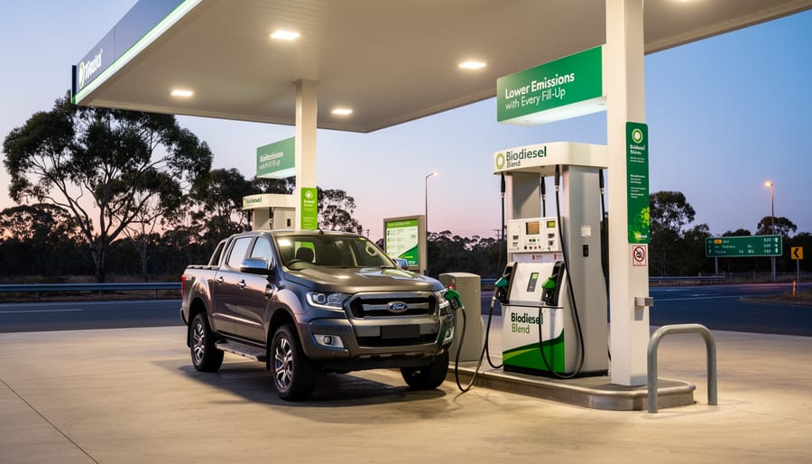 Biodiesel fuel pump nozzle filling diesel vehicle tank at Australian service station