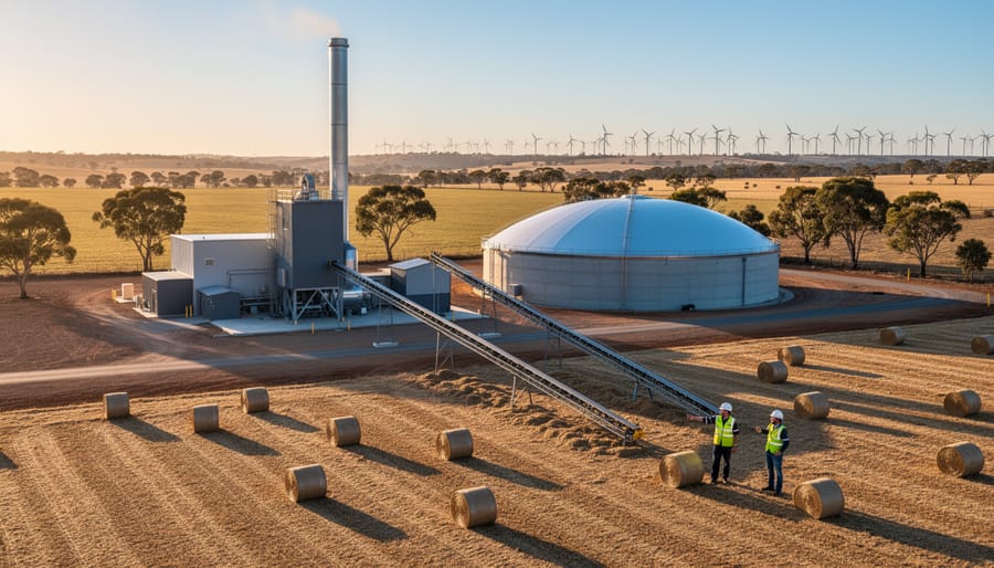 Advisors in hi-vis vests inspect a modern bioenergy facility with an anaerobic digester dome and biomass equipment beside baled crop stubble on an Australian farm, with rolling paddocks and wind turbines in the background at sunset.