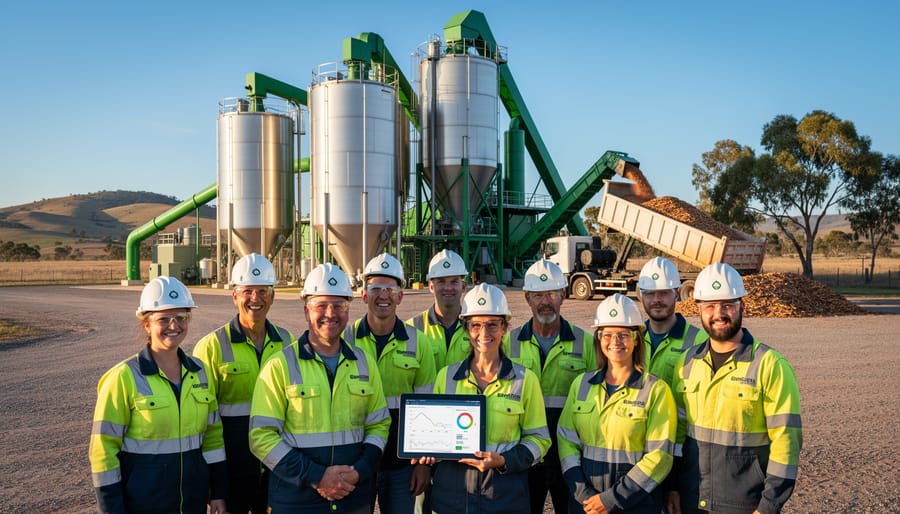 Female bioenergy engineer with tablet smiling at renewable energy facility