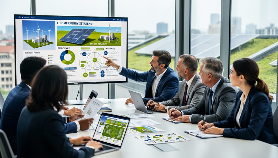 Business consultant meeting with agricultural producer discussing bioenergy strategy