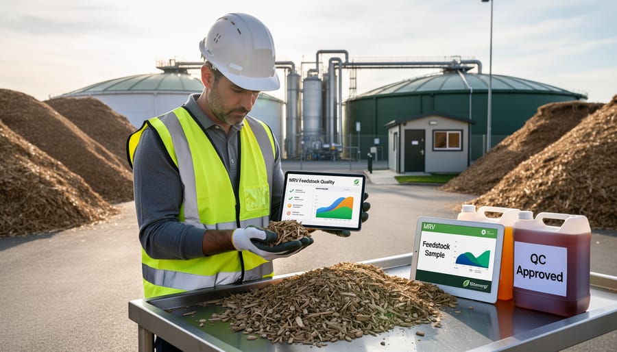 Worker inspecting agricultural waste feedstock at bioenergy processing facility