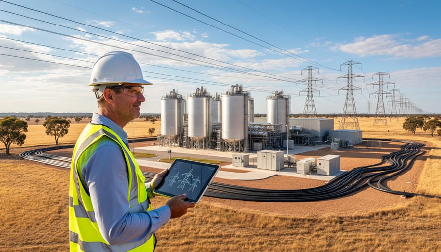 Biomass energy facility surrounded by agricultural land with wind turbines in distance
