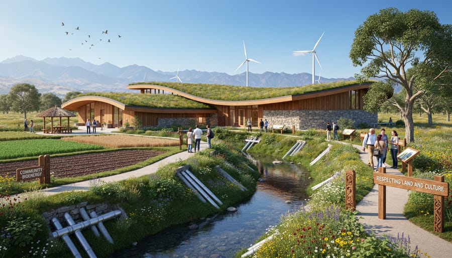Aerial view of bioenergy facility integrated into agricultural landscape with preserved vegetation corridors