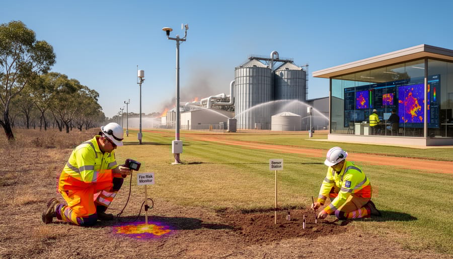 Land manager using soil monitoring equipment in bioenergy plantation for fire risk assessment