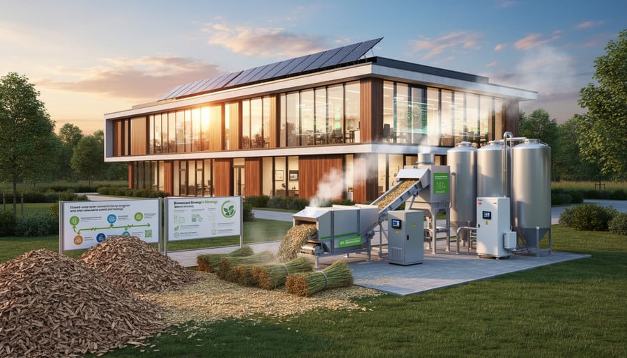 Modern biomass energy system with wood chip storage integrated into sustainable building