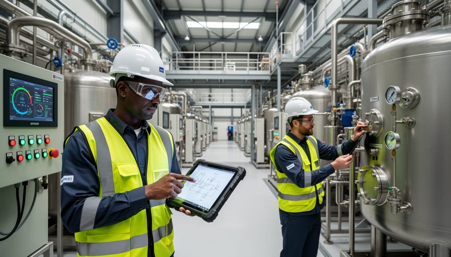 Worker's hands operating control panel at bioenergy processing facility