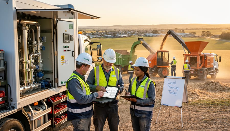 Experienced bioenergy worker training younger apprentice on equipment maintenance