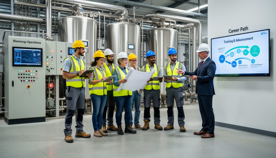 Team of bioenergy facility workers in safety equipment standing at industrial renewable energy plant